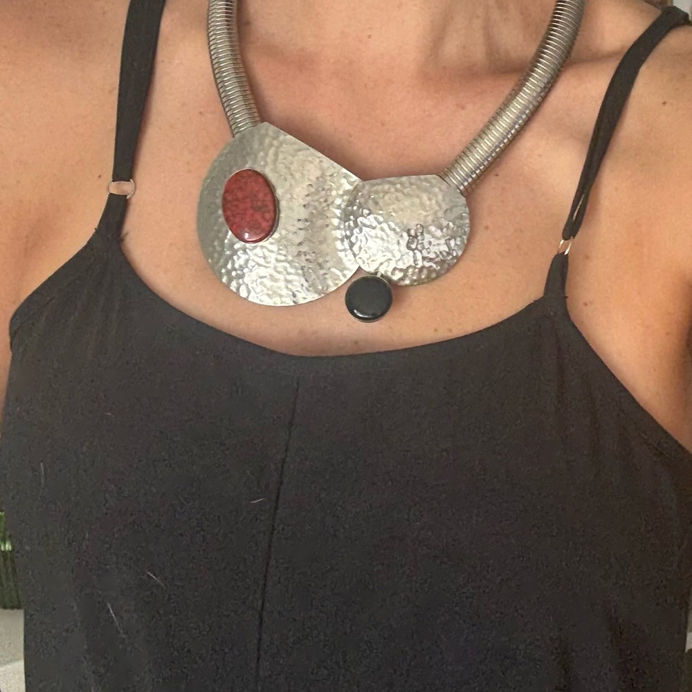 Vintage Statement Hammered Silver Collar Necklace with Red and Black Accents